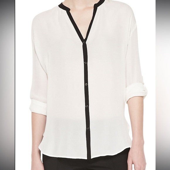 Vince Contrast Trim V-Neck Silk Blouse Off White Black Women’s Size XS - Picture 11 of 16